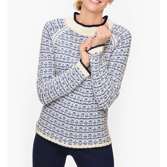 TALBOTS Womens' Blue & White Textured Stripe Mockneck Sweater Size L - Picture 2 of 9